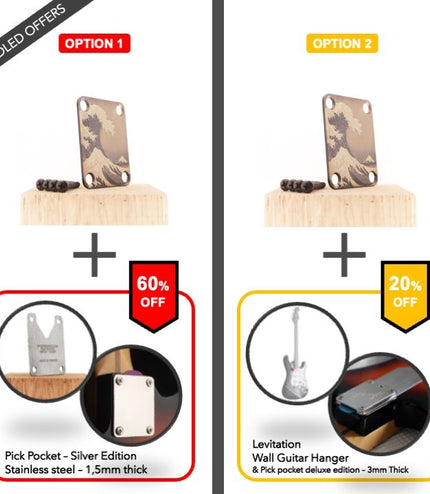 Guitar neck plate - The great wave off Kanagawa - Black & Brass - Fender size