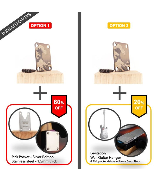 Guitar neck plate - The great wave off Kanagawa - Black & Brass - Fender size