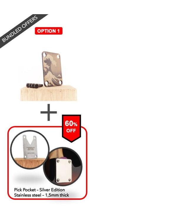 Guitar neck plate - The great wave off Kanagawa - Black & Brass - Fender size