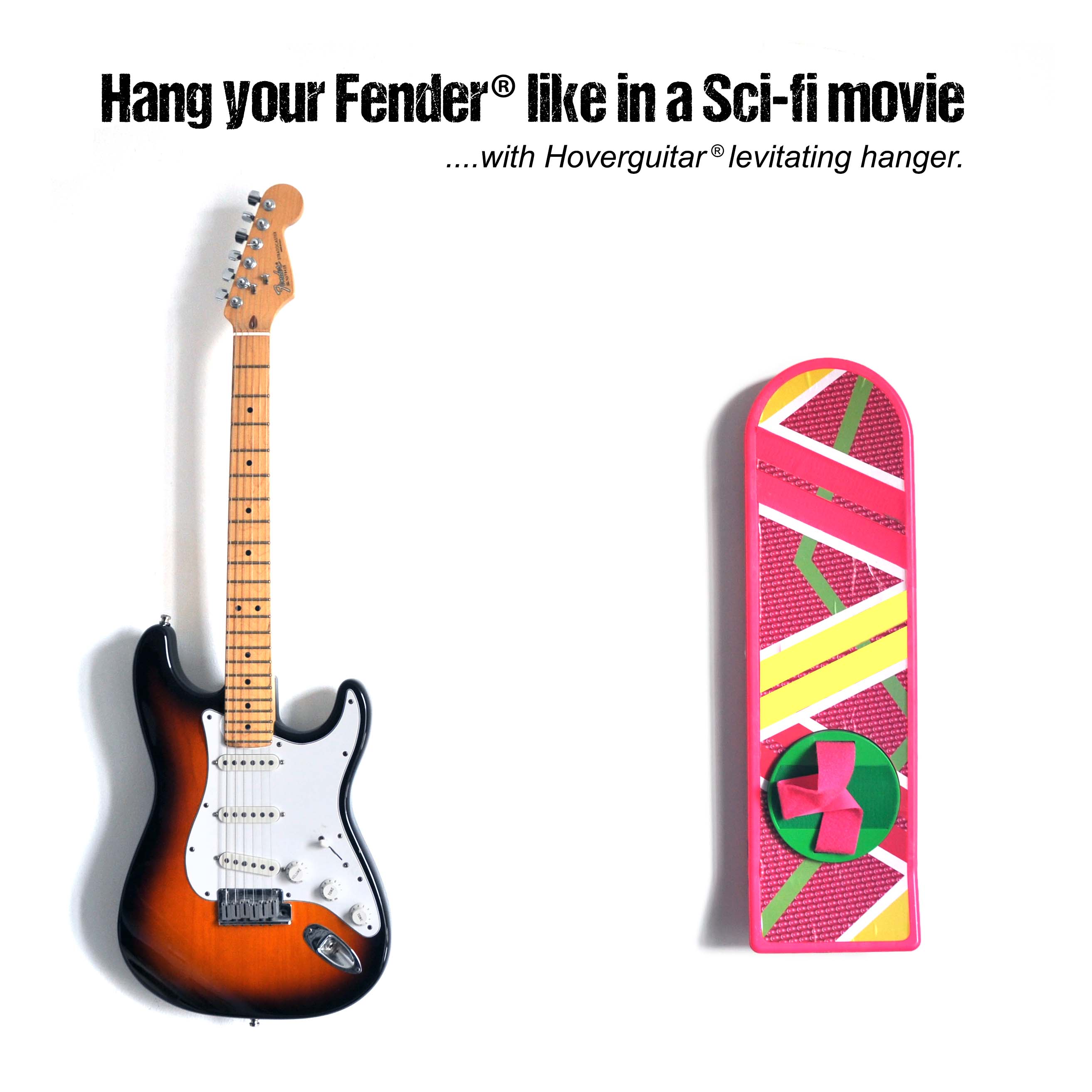 Stratocaster with levitating guitar hanger and Hoverboard