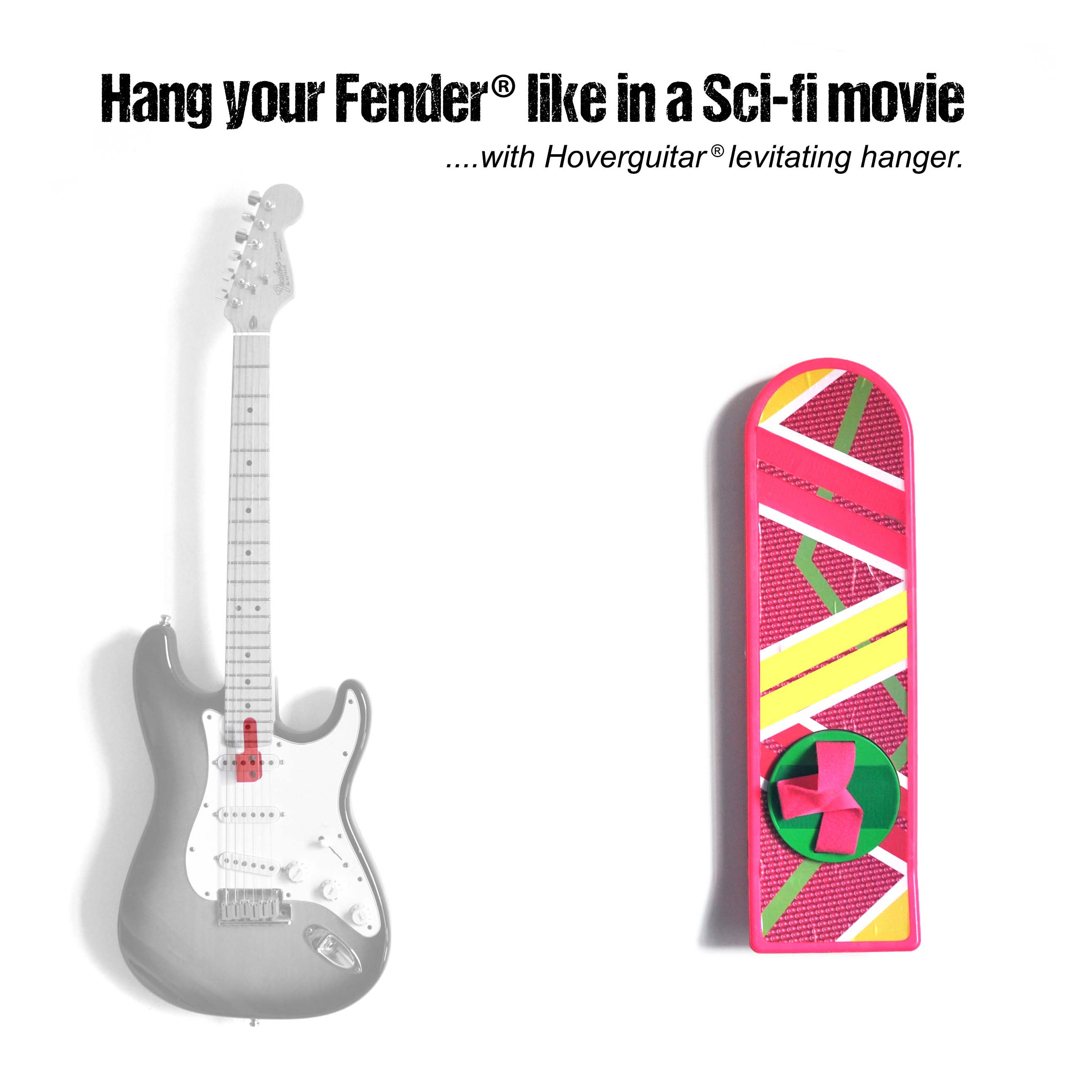 Stratocaster with levitating guitar hanger and Hoverboard