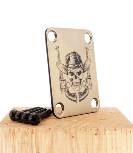 Neck Plate de guitare - Crâne de cow-boy - Taille Fender