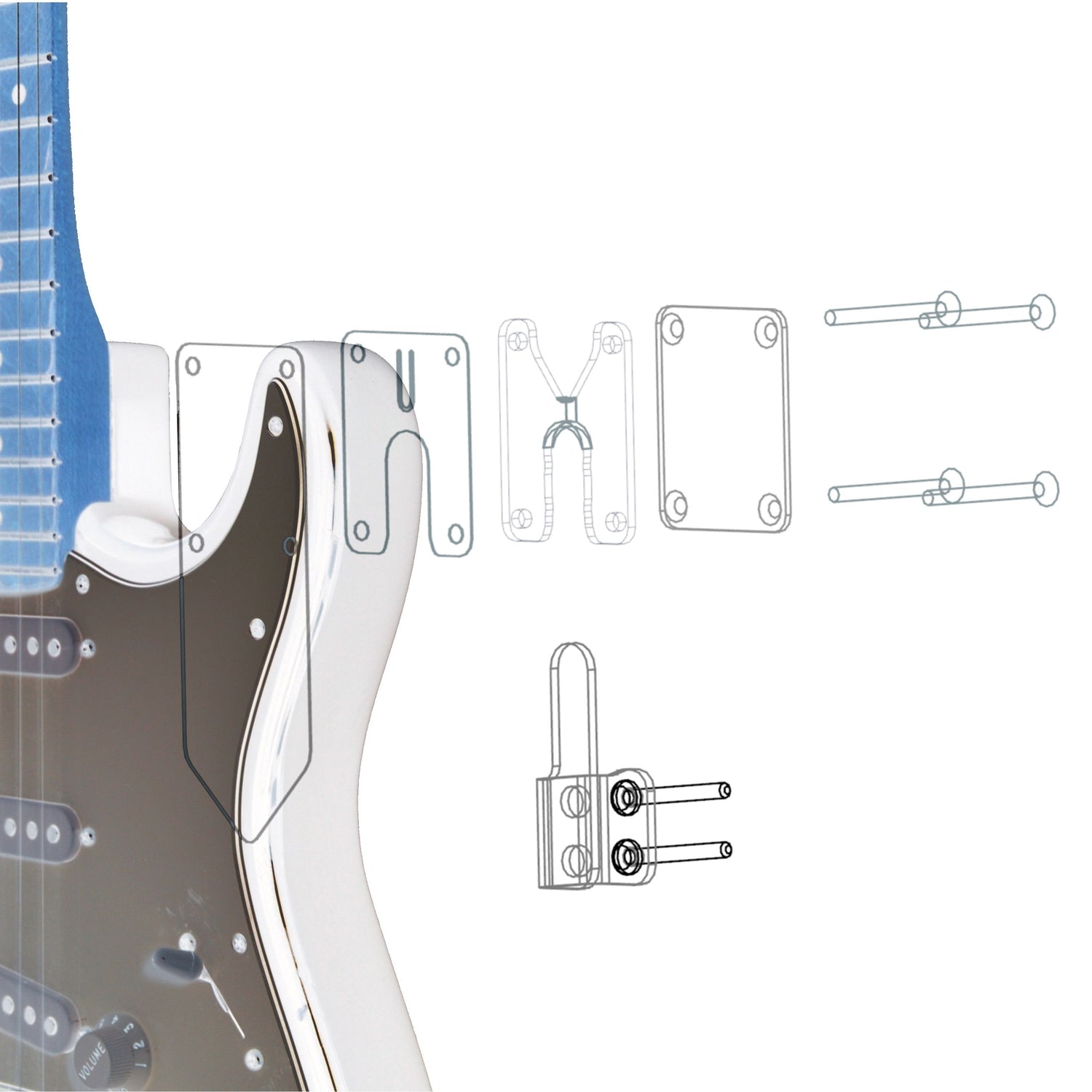 Stratocaster exploded view with Hoverguitar hanger